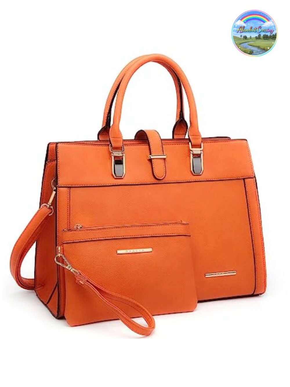 Vegan Leather Tote Bag Satchel with Top Handle, Wristlet, Gold Hardware, Work